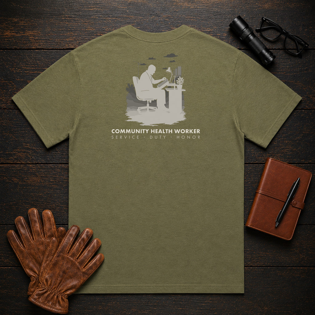 Community Health Worker t-shirt in Hemp, Referral Binder (Male)