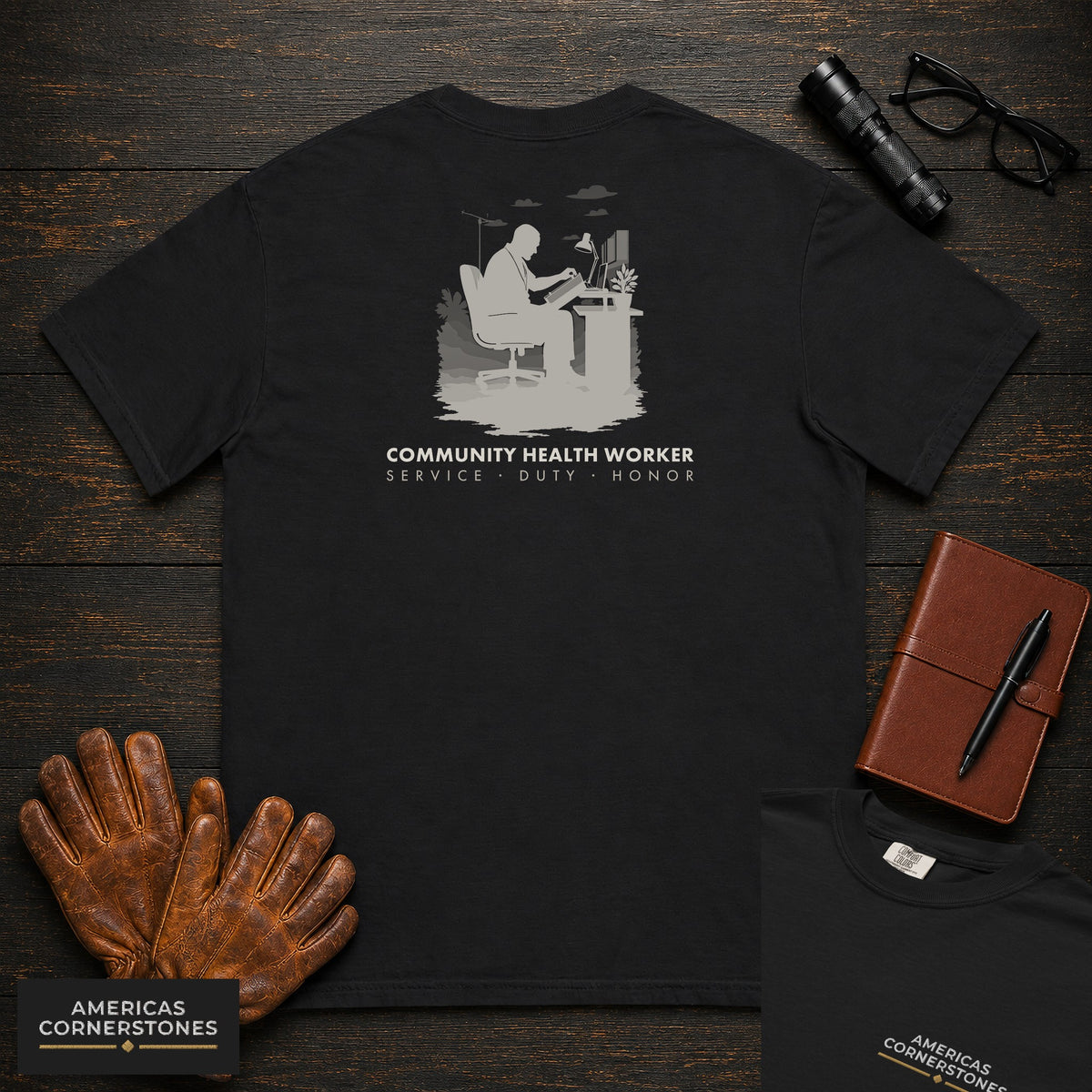 Community Health Worker embroidered t-shirt in Black, Referral Binder (Male)