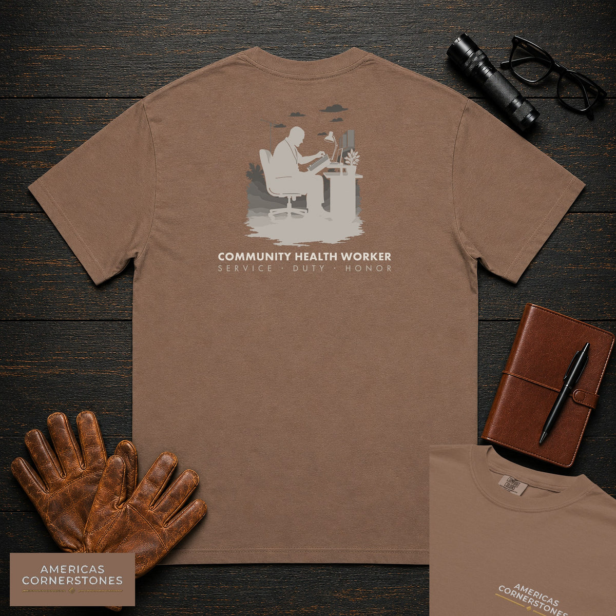 Community Health Worker embroidered t-shirt in Espresso, Referral Binder (Male)
