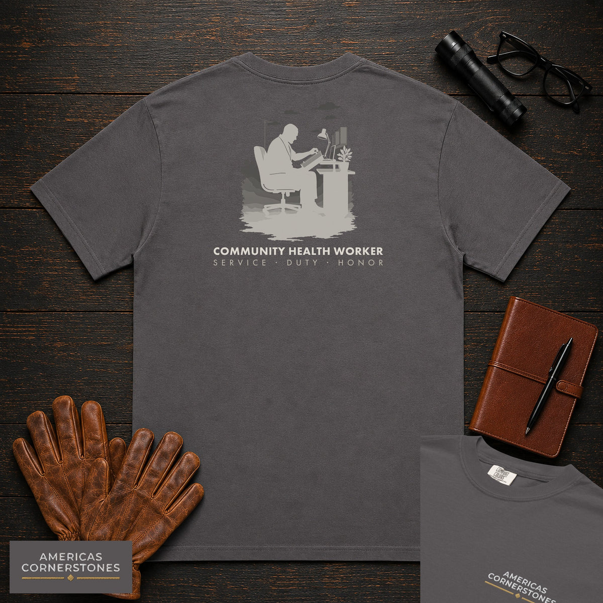 Community Health Worker embroidered t-shirt in Graphite, Referral Binder (Male)