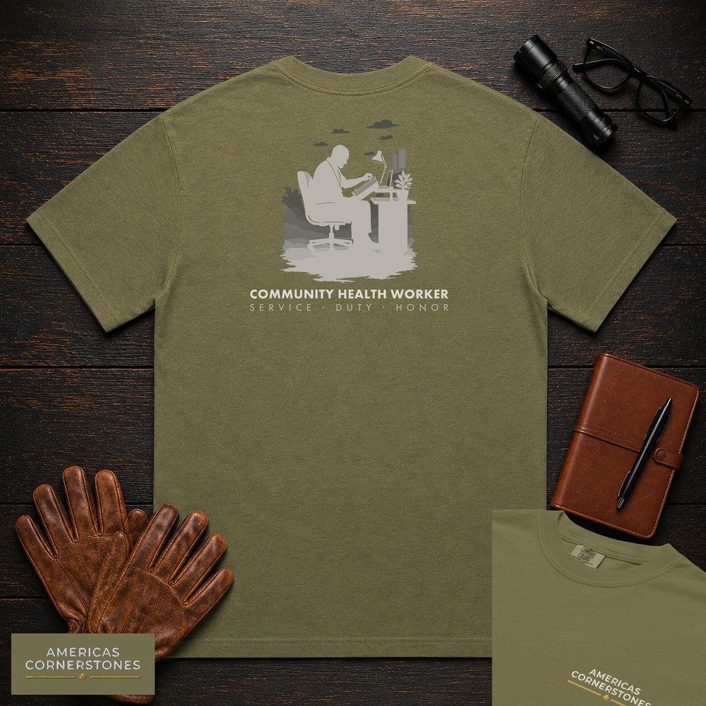 Community Health Worker embroidered t-shirt in Hemp, Referral Binder (Male)