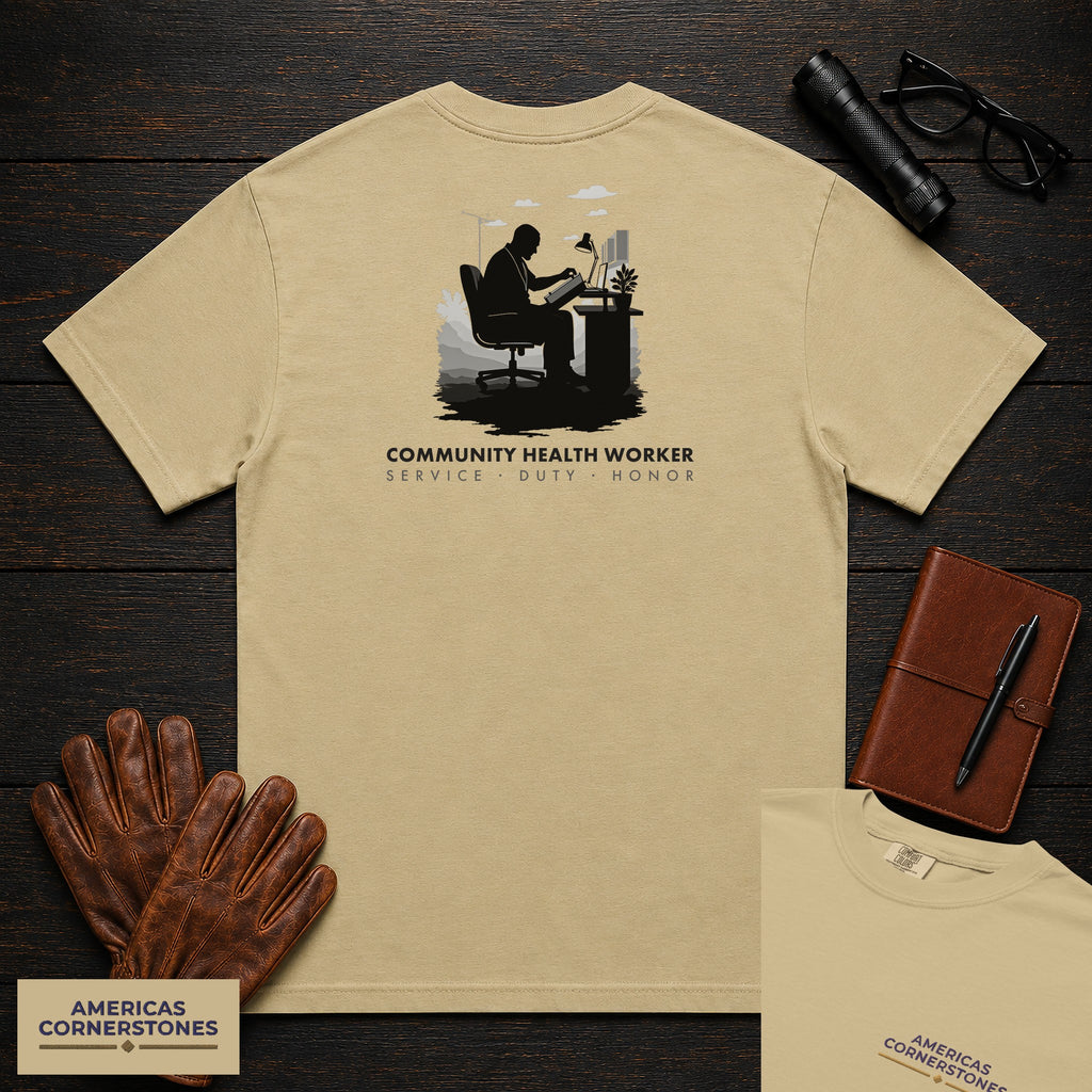 Community Health Worker embroidered t-shirt in Khaki, Referral Binder (Male)