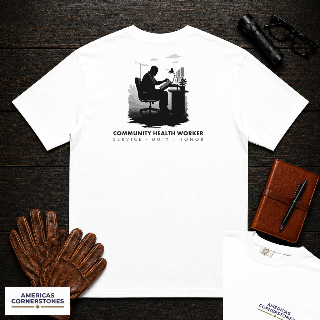 Community Health Worker embroidered t-shirt in White, Referral Binder (Male)