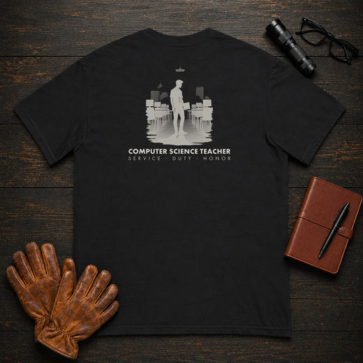 Computer Science Teacher T-Shirt | Standard Back Print | Walking the lab (Male)