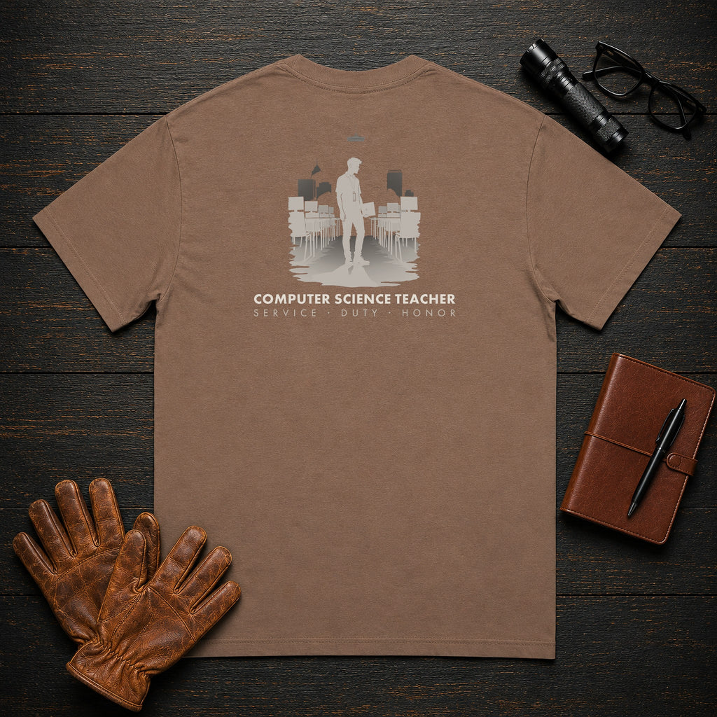 Computer Science Teacher t-shirt in Espresso, Walking the lab (Male)
