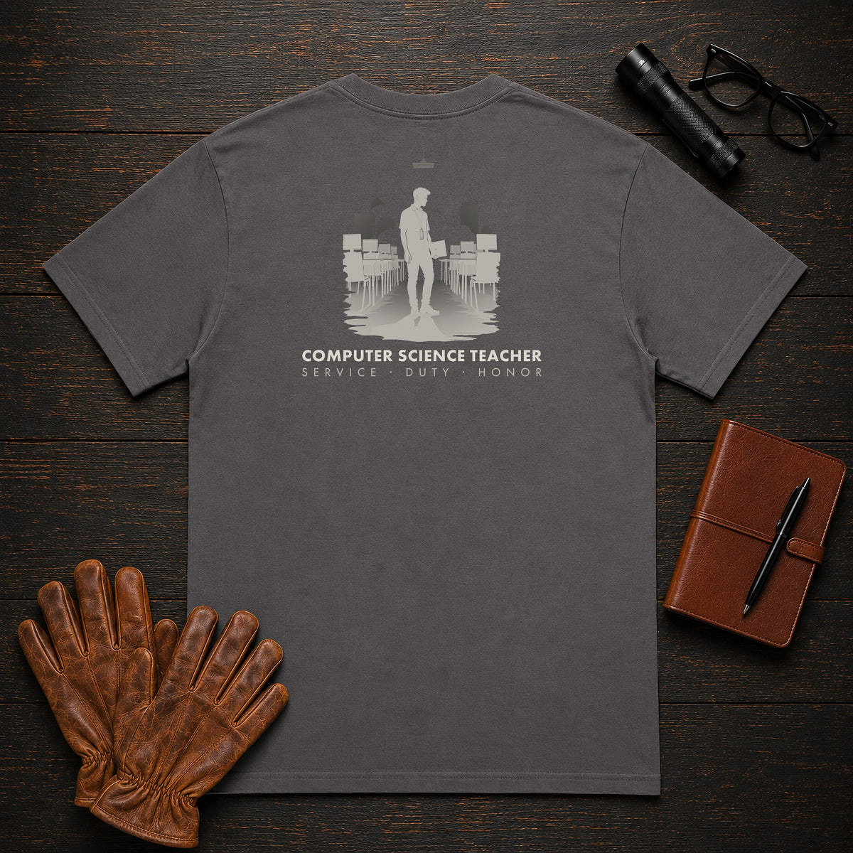Computer Science Teacher t-shirt in Graphite, Walking the lab (Male)