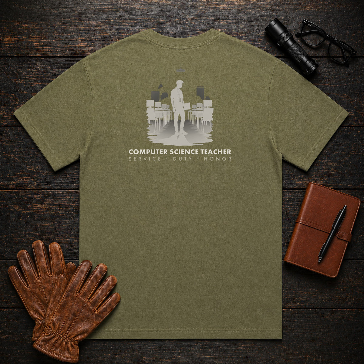 Computer Science Teacher t-shirt in Hemp, Walking the lab (Male)