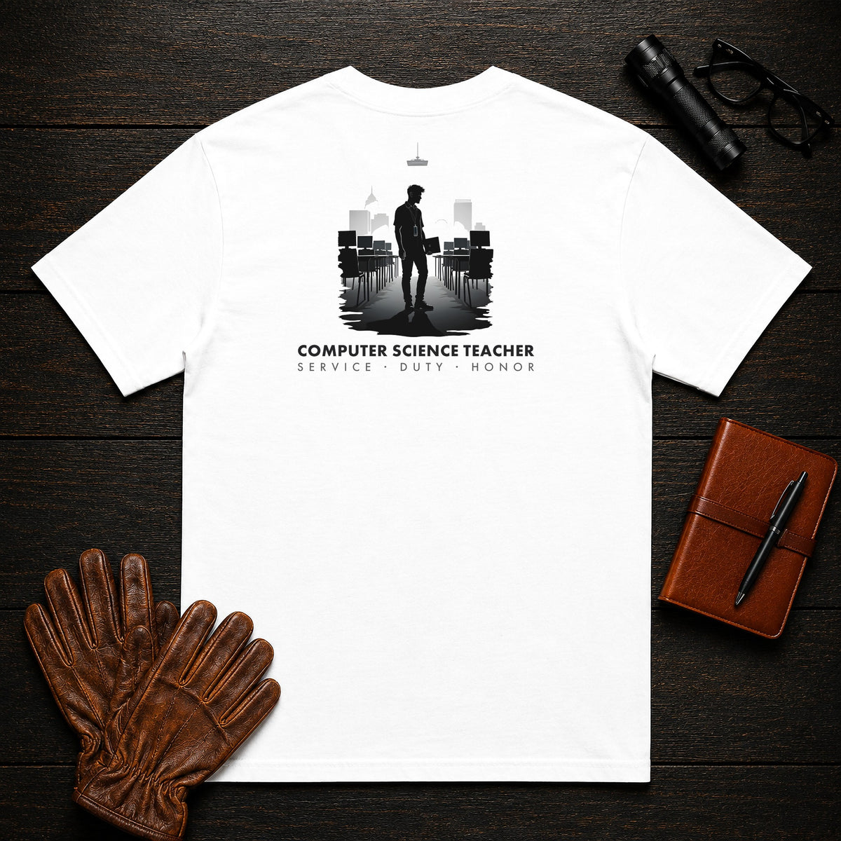 Computer Science Teacher t-shirt in White, Walking the lab (Male)