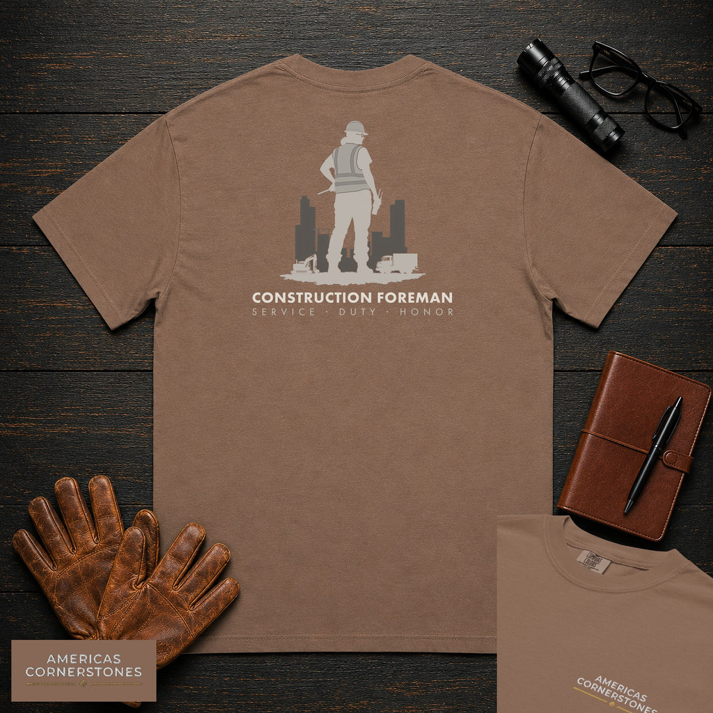 Construction Foreman embroidered t-shirt in Espresso, Radio Check-In (Female)