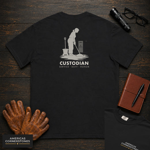 Custodian T-Shirt | Statement Embroidered Front + Back Print | Mopping the Floor (Female)