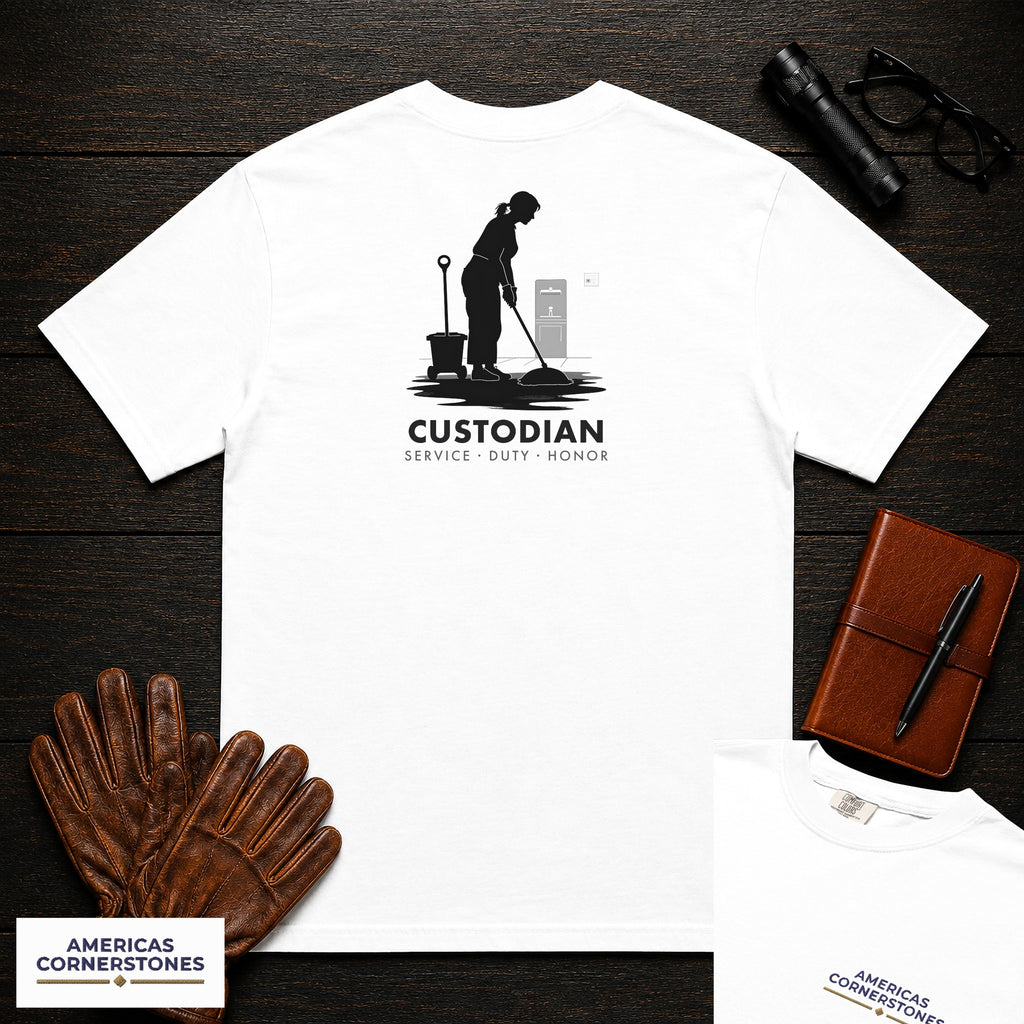 Custodian T-Shirt | Statement Embroidered Front + Back Print | Mopping the Floor (Female) — White