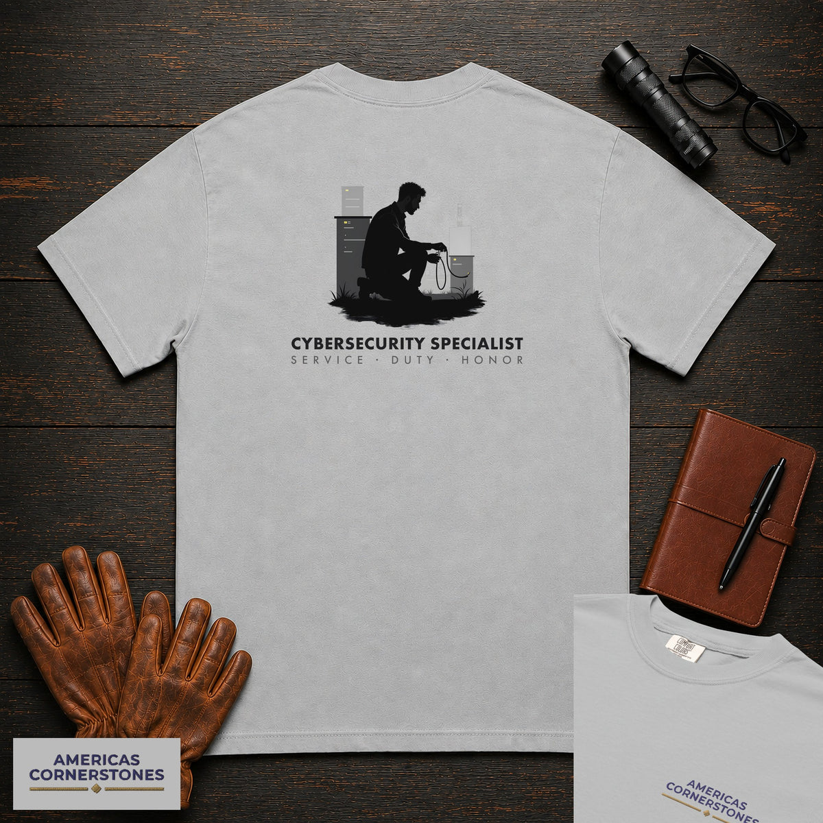 Cybersecurity Specialist T-Shirt | Statement Embroidered Front + Back Print | Cabling Repair (Male) — Granite