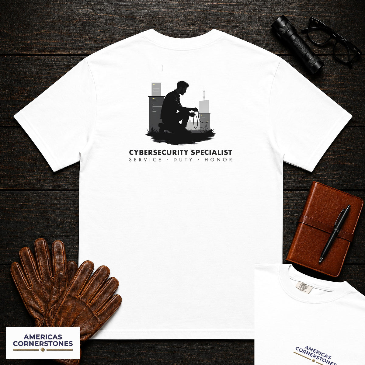Cybersecurity Specialist T-Shirt | Statement Embroidered Front + Back Print | Cabling Repair (Male) — White