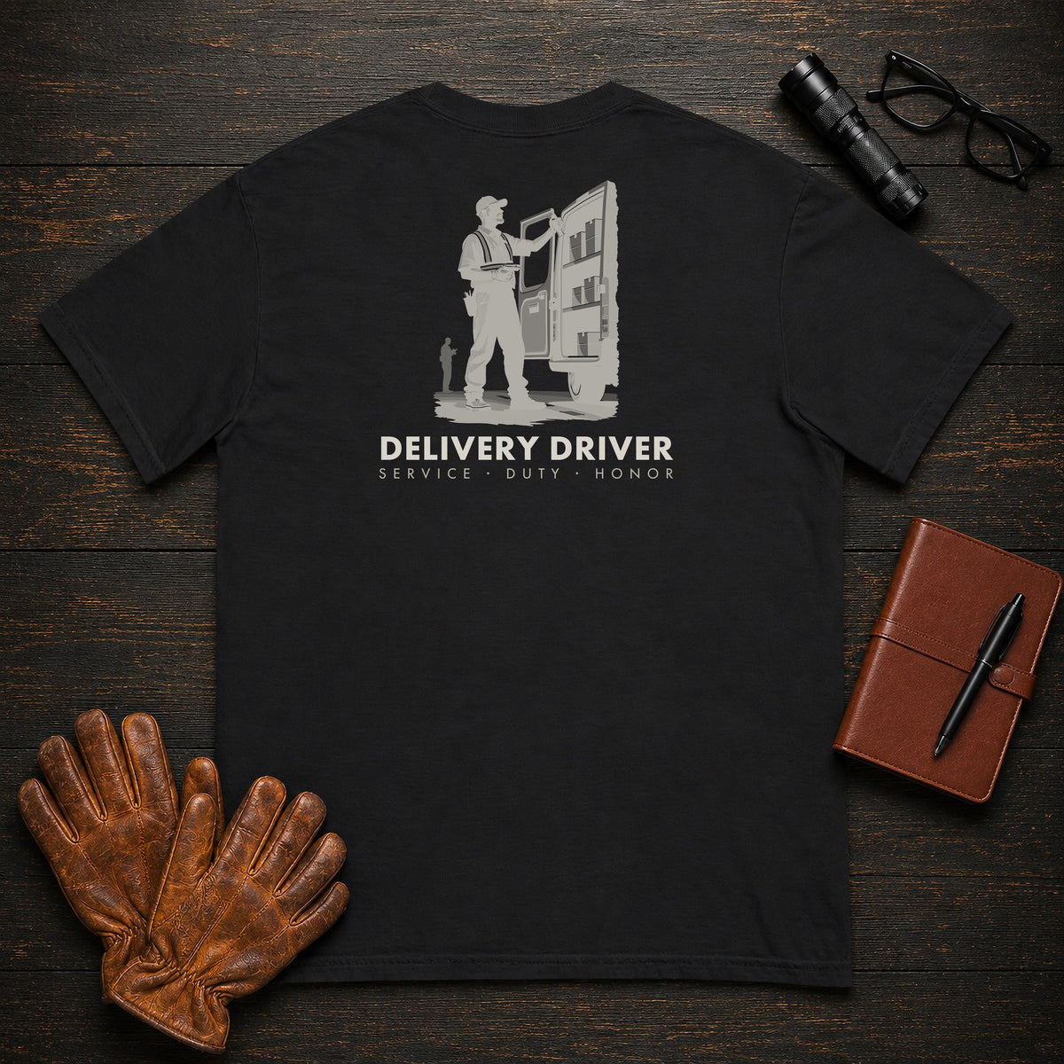 Delivery Driver T-Shirt | Standard Back Print | Organizing the Van (Male) — Black