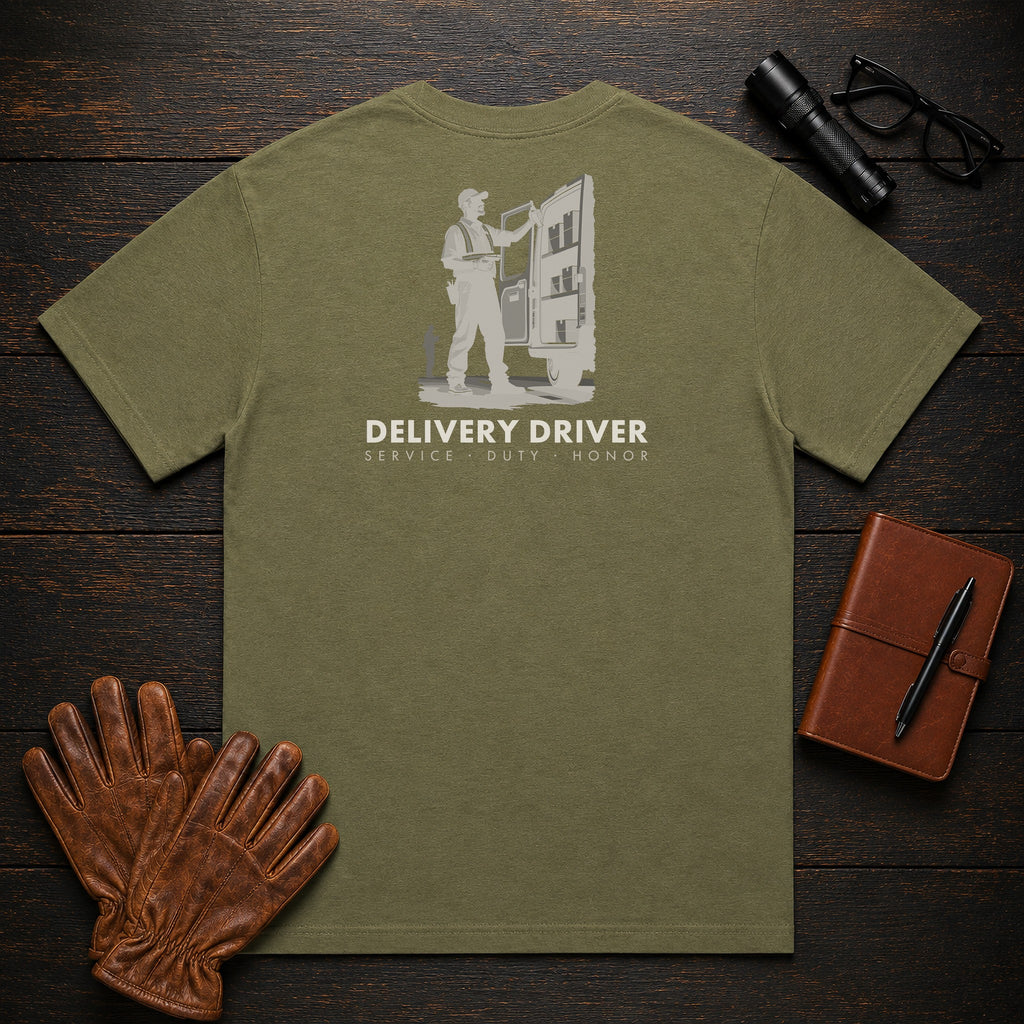 Delivery Driver T-Shirt | Standard Back Print | Organizing the Van (Male) — Hemp