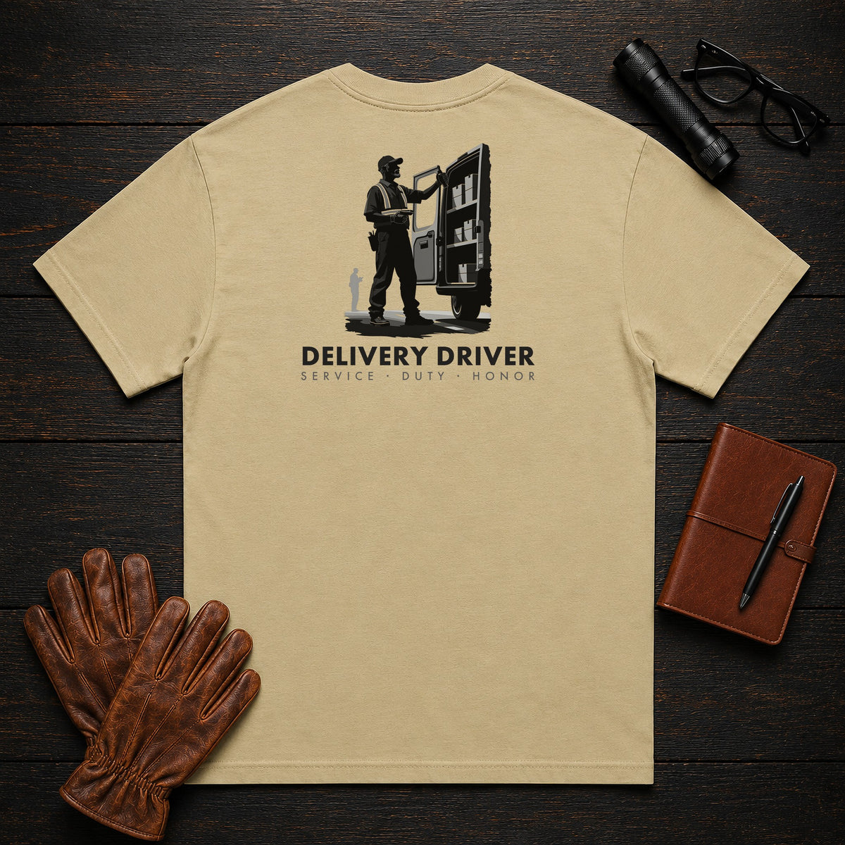 Delivery Driver T-Shirt | Standard Back Print | Organizing the Van (Male) — Khaki