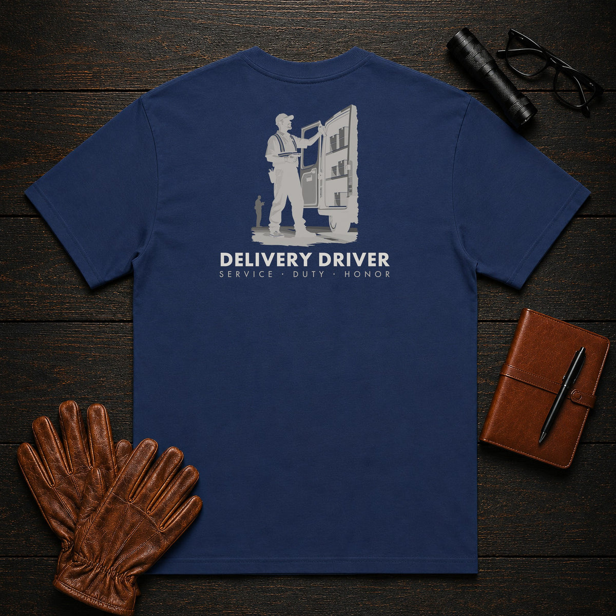Delivery Driver T-Shirt | Standard Back Print | Organizing the Van (Male) — True Navy