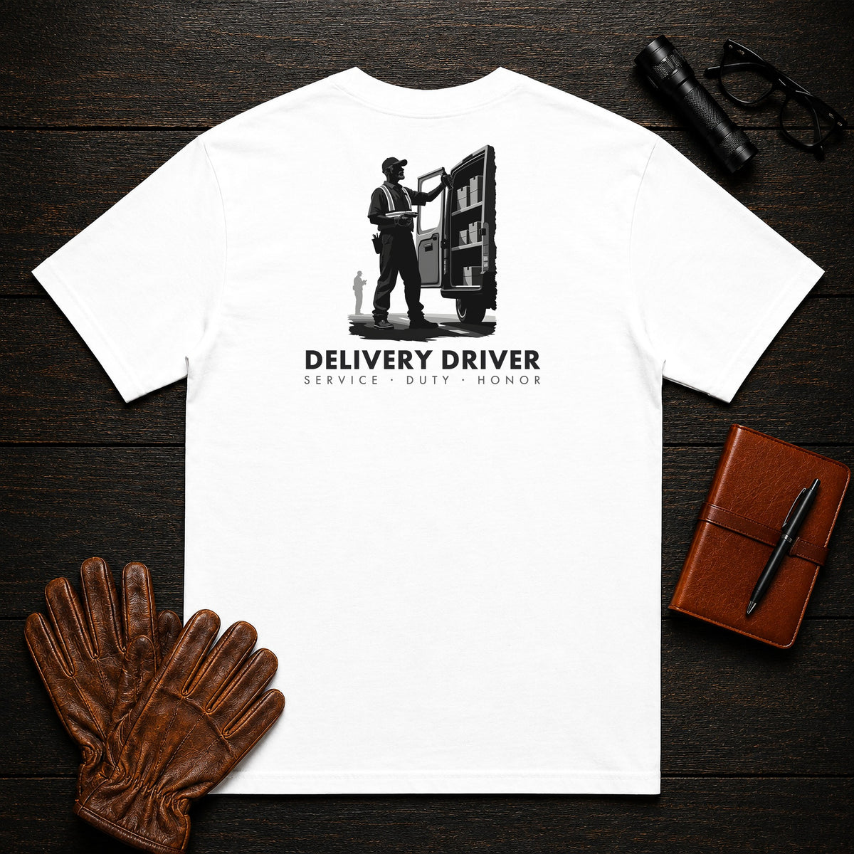 Delivery Driver T-Shirt | Standard Back Print | Organizing the Van (Male) — White