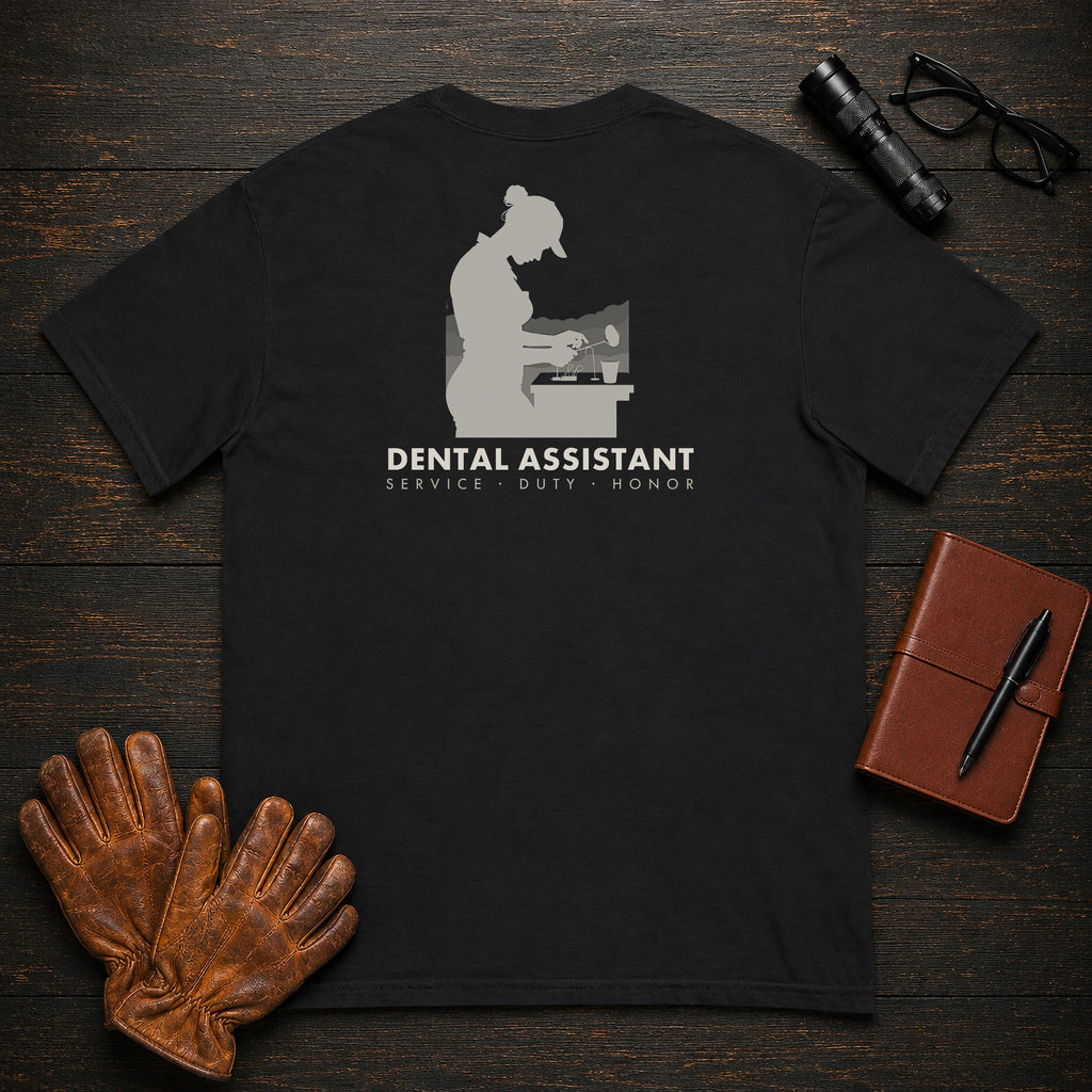Dental Assistant T-Shirt | Standard Back Print | Tray Setup (Female) — Black