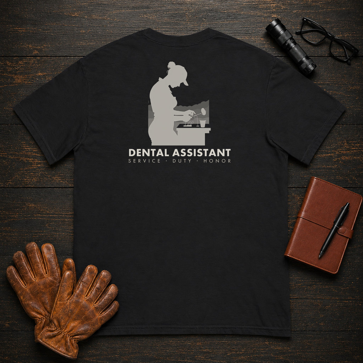 Dental Assistant T-Shirt | Standard Back Print | Tray Setup (Female) — Black