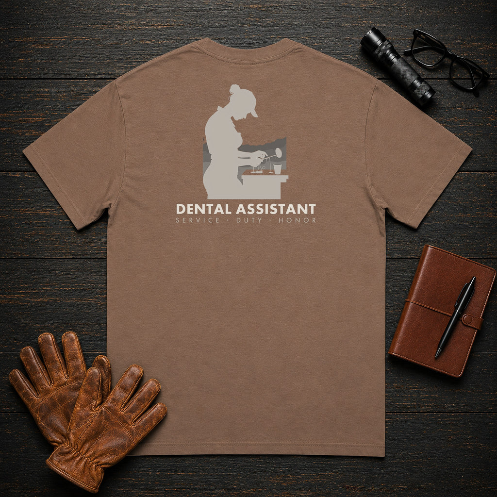 Dental Assistant T-Shirt | Standard Back Print | Tray Setup (Female) — Espresso
