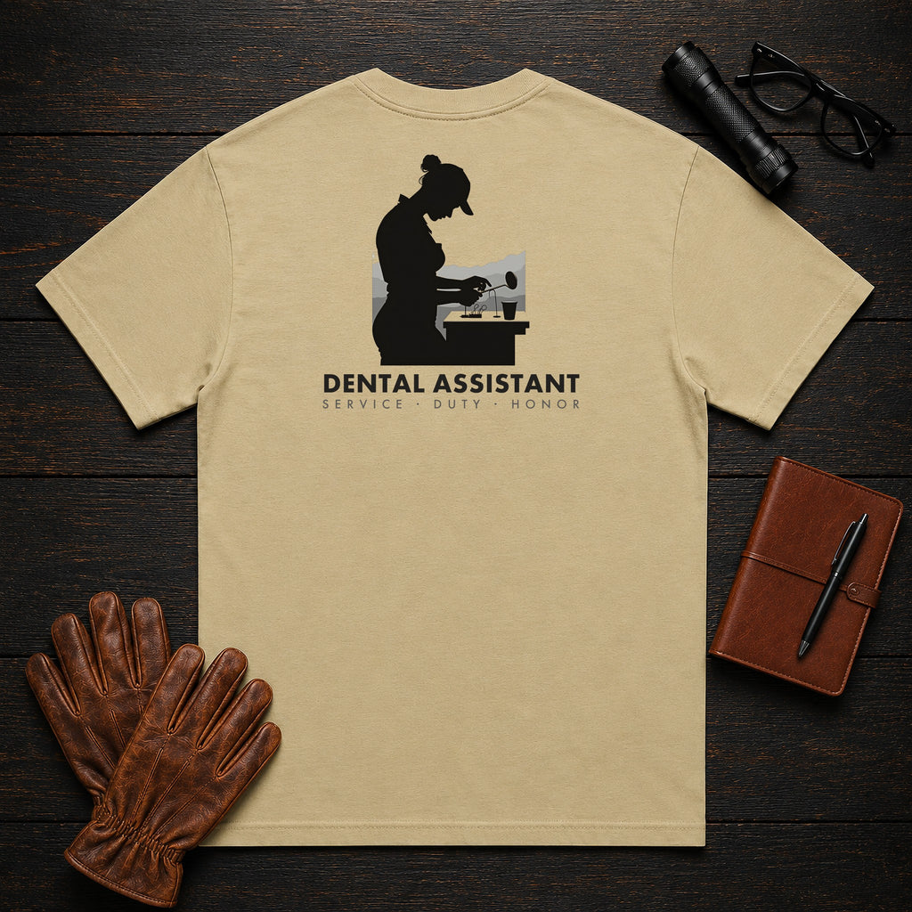Dental Assistant T-Shirt | Standard Back Print | Tray Setup (Female) — Khaki