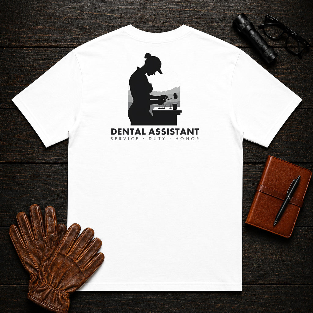 Dental Assistant T-Shirt | Standard Back Print | Tray Setup (Female) — White