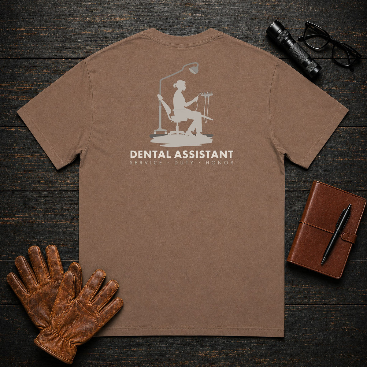 Dental Assistant t-shirt in Espresso, Chairside Suction (Female)