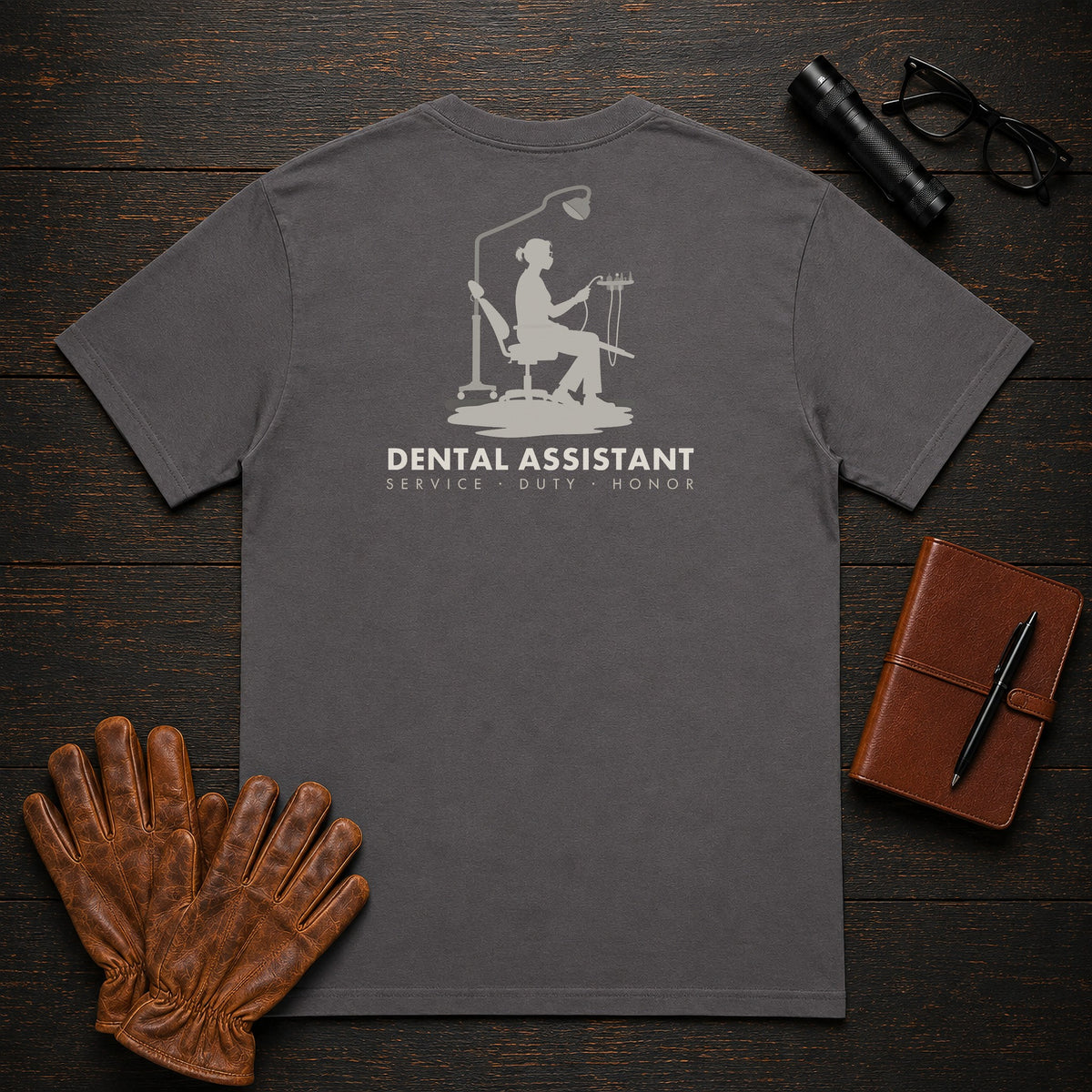 Dental Assistant t-shirt in Graphite, Chairside Suction (Female)