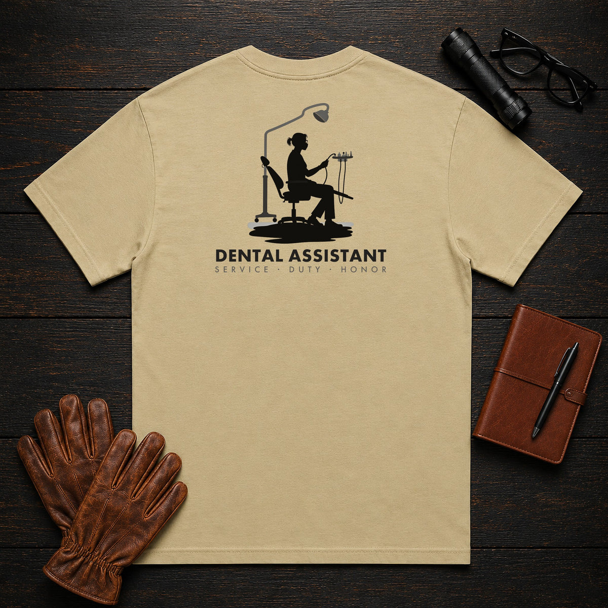 Dental Assistant t-shirt in Khaki, Chairside Suction (Female)