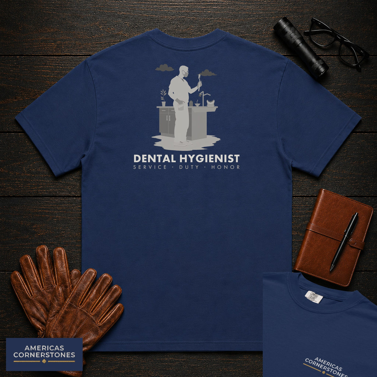 Dental Hygienist embroidered t-shirt in True Navy, Brushing Demonstration (Male)