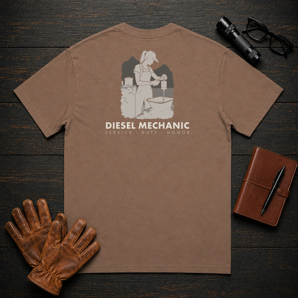 Diesel Mechanic T-Shirt | Standard Back Print | Changing a Filter (Female) — Espresso