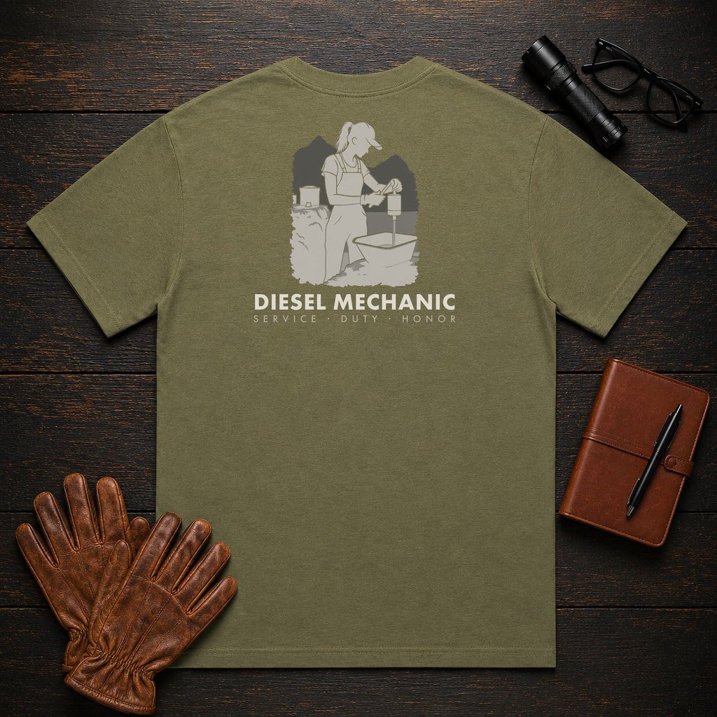 Diesel Mechanic T-Shirt | Standard Back Print | Changing a Filter (Female) — Hemp