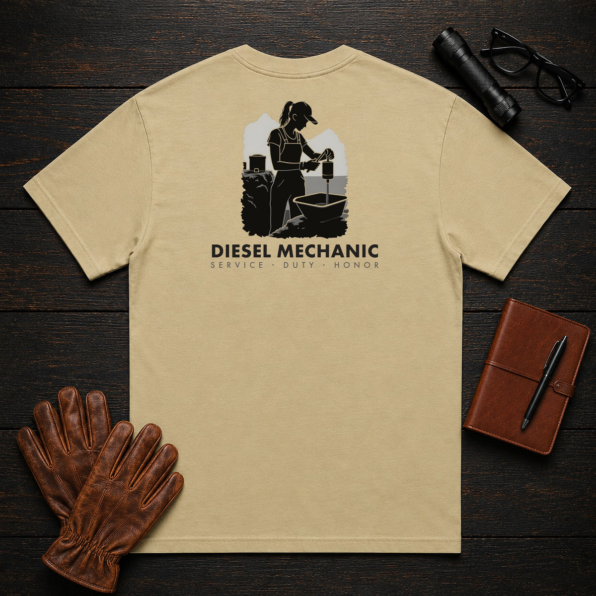 Diesel Mechanic T-Shirt | Standard Back Print | Changing a Filter (Female) — Khaki