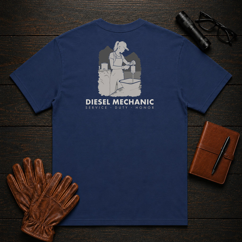 Diesel Mechanic T-Shirt | Standard Back Print | Changing a Filter (Female) — True Navy