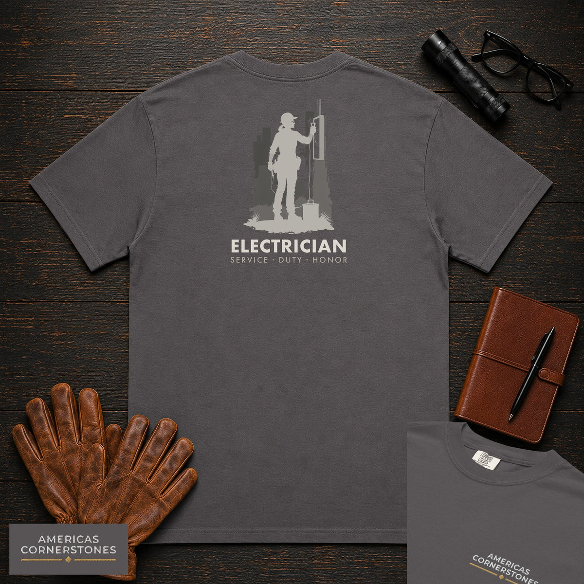 Electrician T-Shirt | Statement Embroidered Front + Back Print | Testing a Circuit (Female) — Graphite