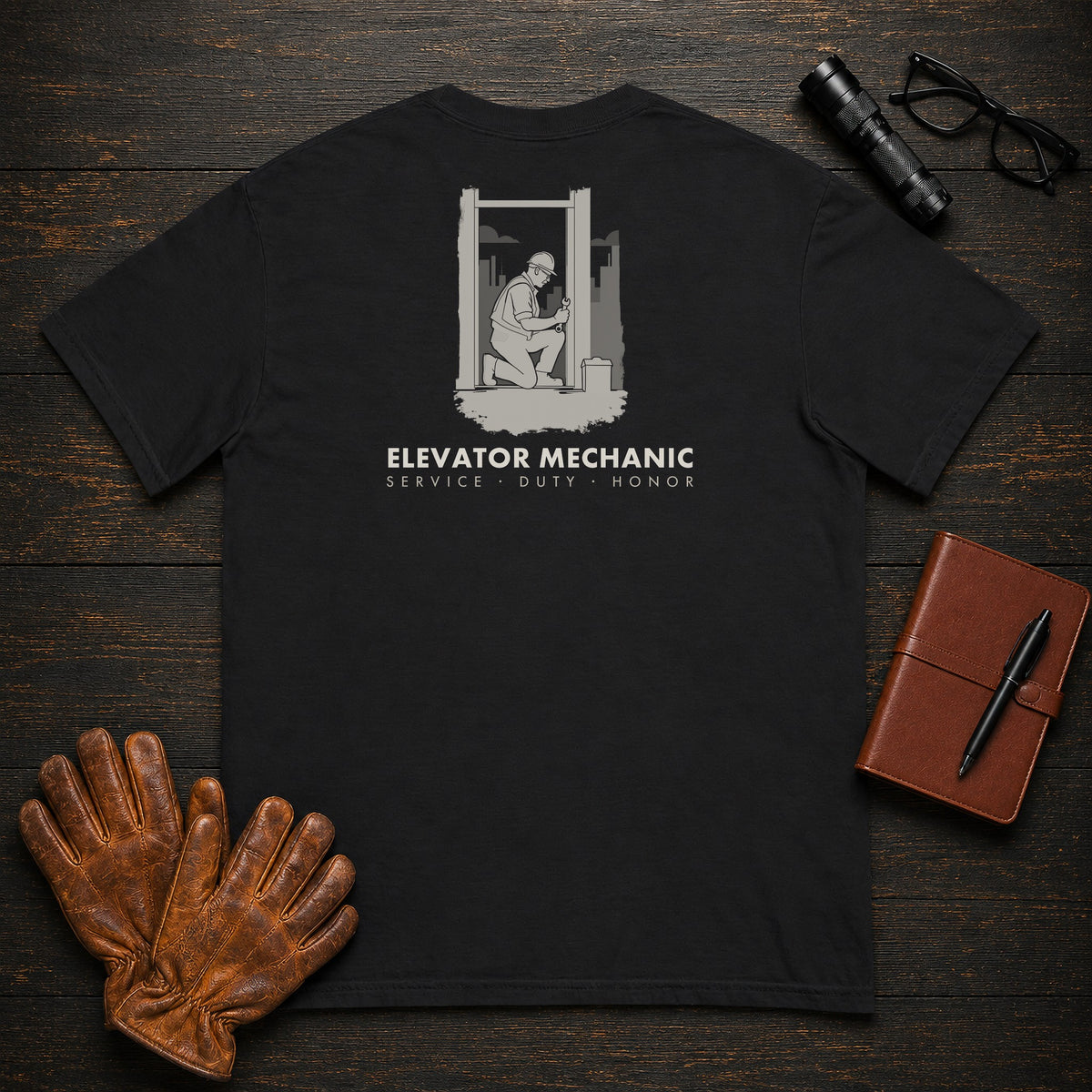 Elevator Mechanic T-Shirt | Standard Back Print | Checking the Door (Male) — Black
