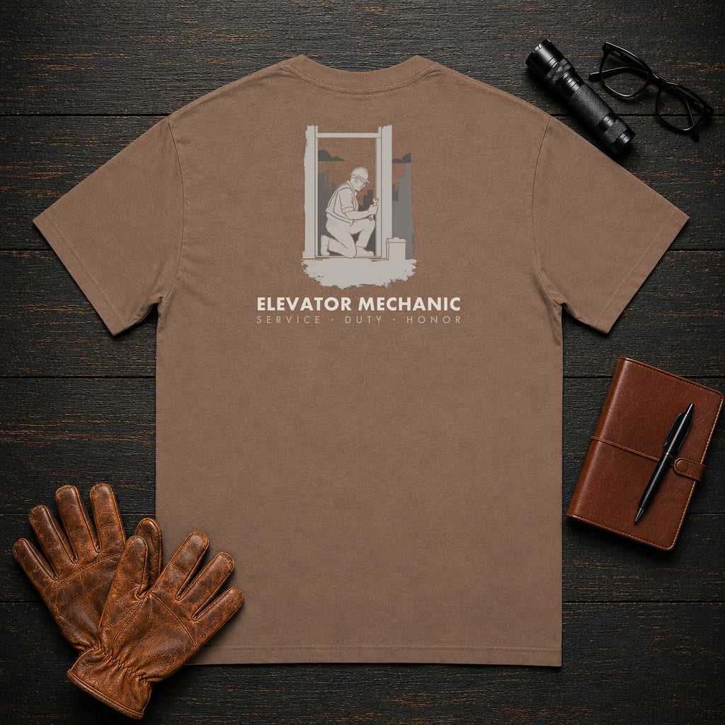 Elevator Mechanic T-Shirt | Standard Back Print | Checking the Door (Male) — Espresso