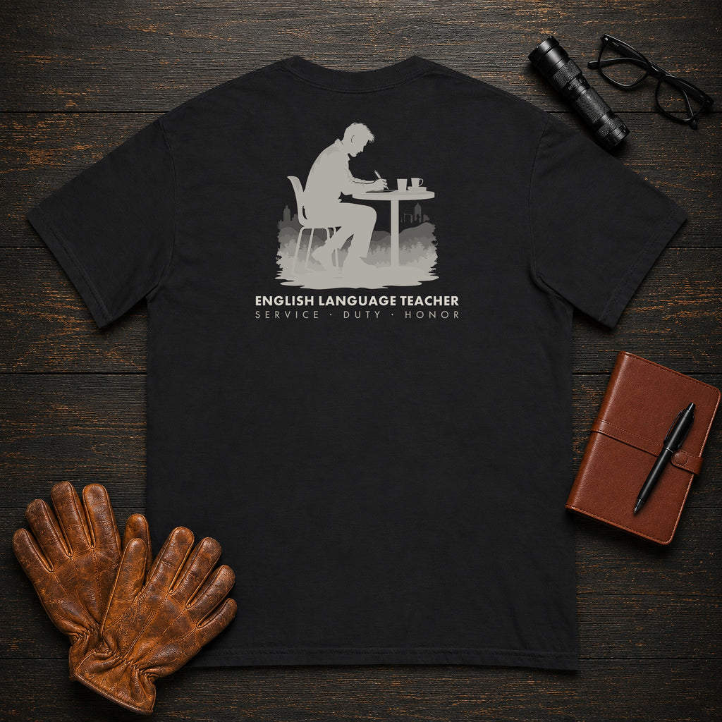 English Language Teacher T-Shirt | Standard Back Print | Marking a page (Male) — Black