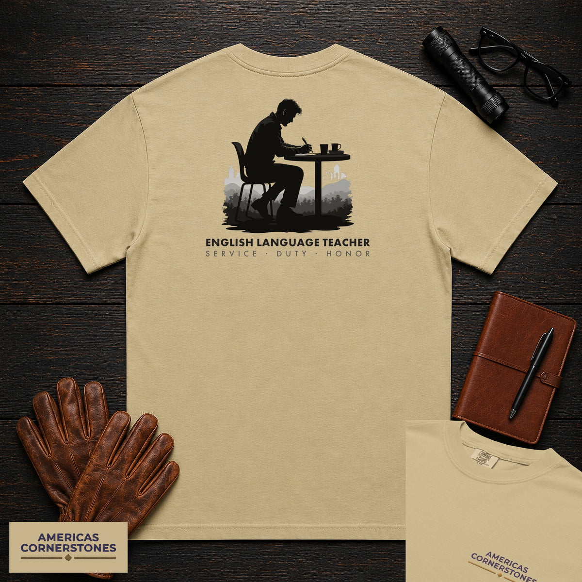English Language Teacher embroidered t-shirt in Khaki, Marking a page (Male)
