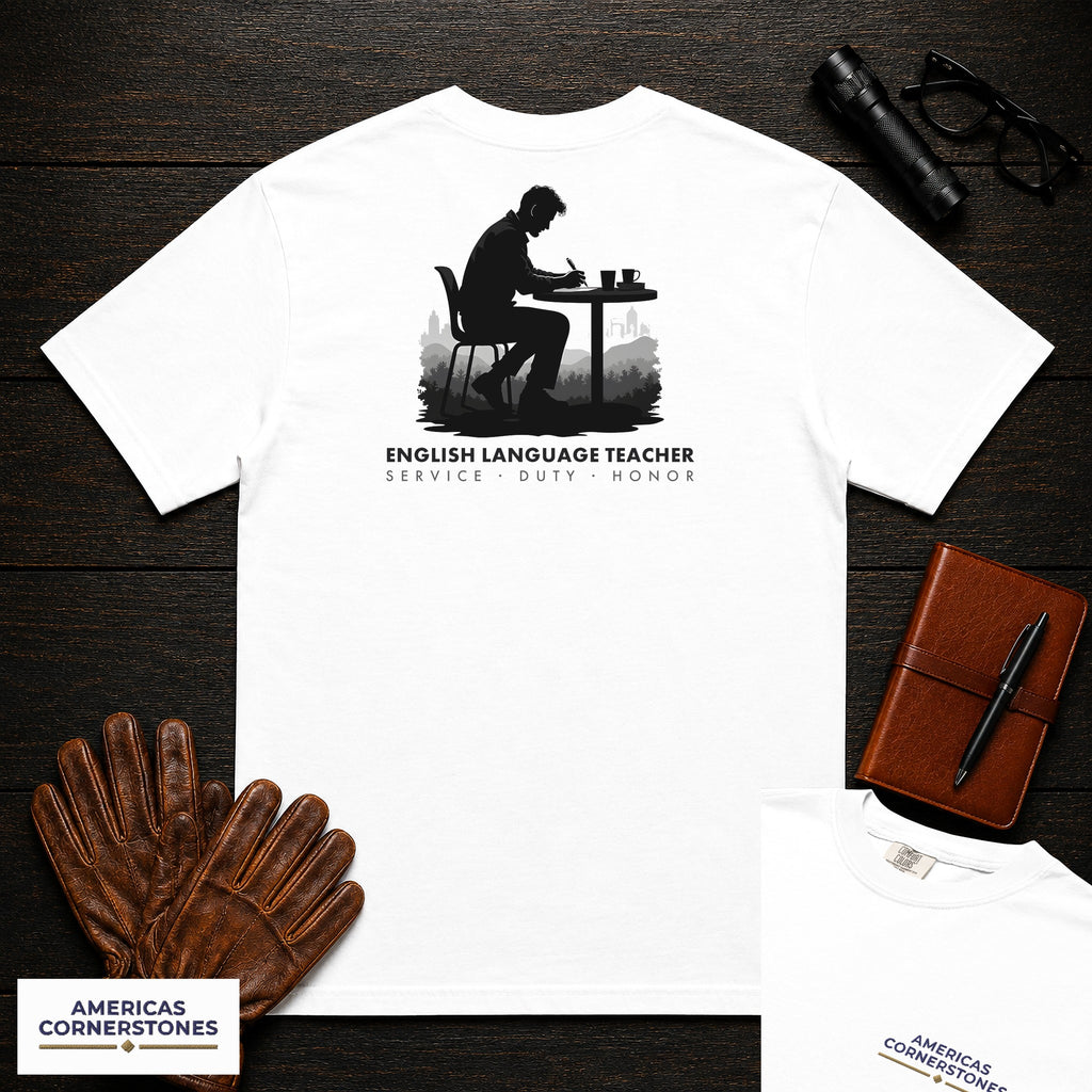 English Language Teacher embroidered t-shirt in White, Marking a page (Male)