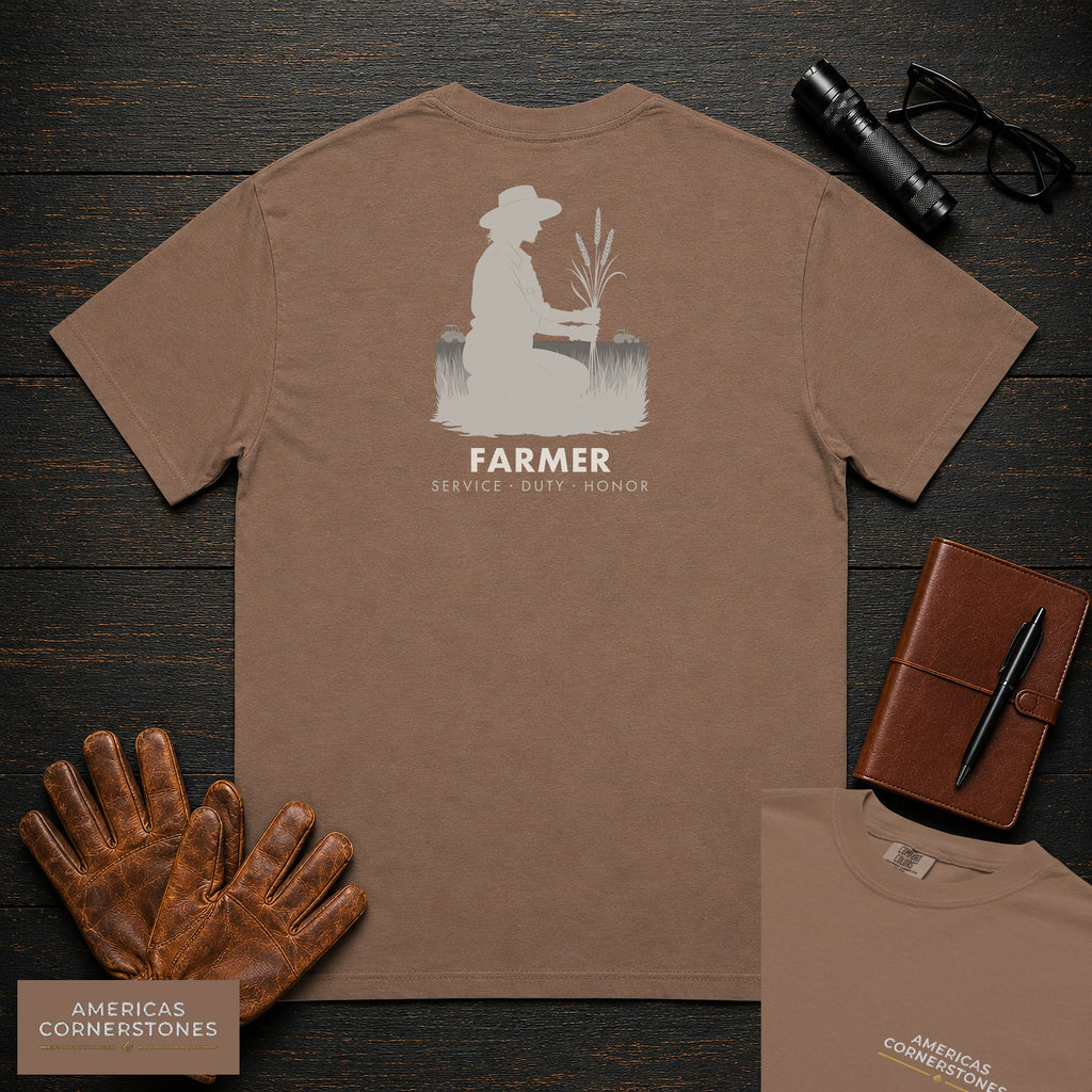 Farmer embroidered t-shirt in Espresso, Examining the Crop (Female)