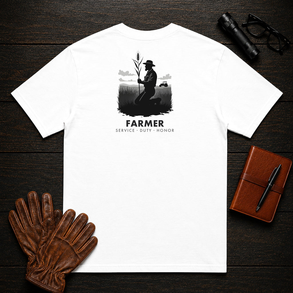 Farmer t-shirt in White, Examining the Crop (Male)