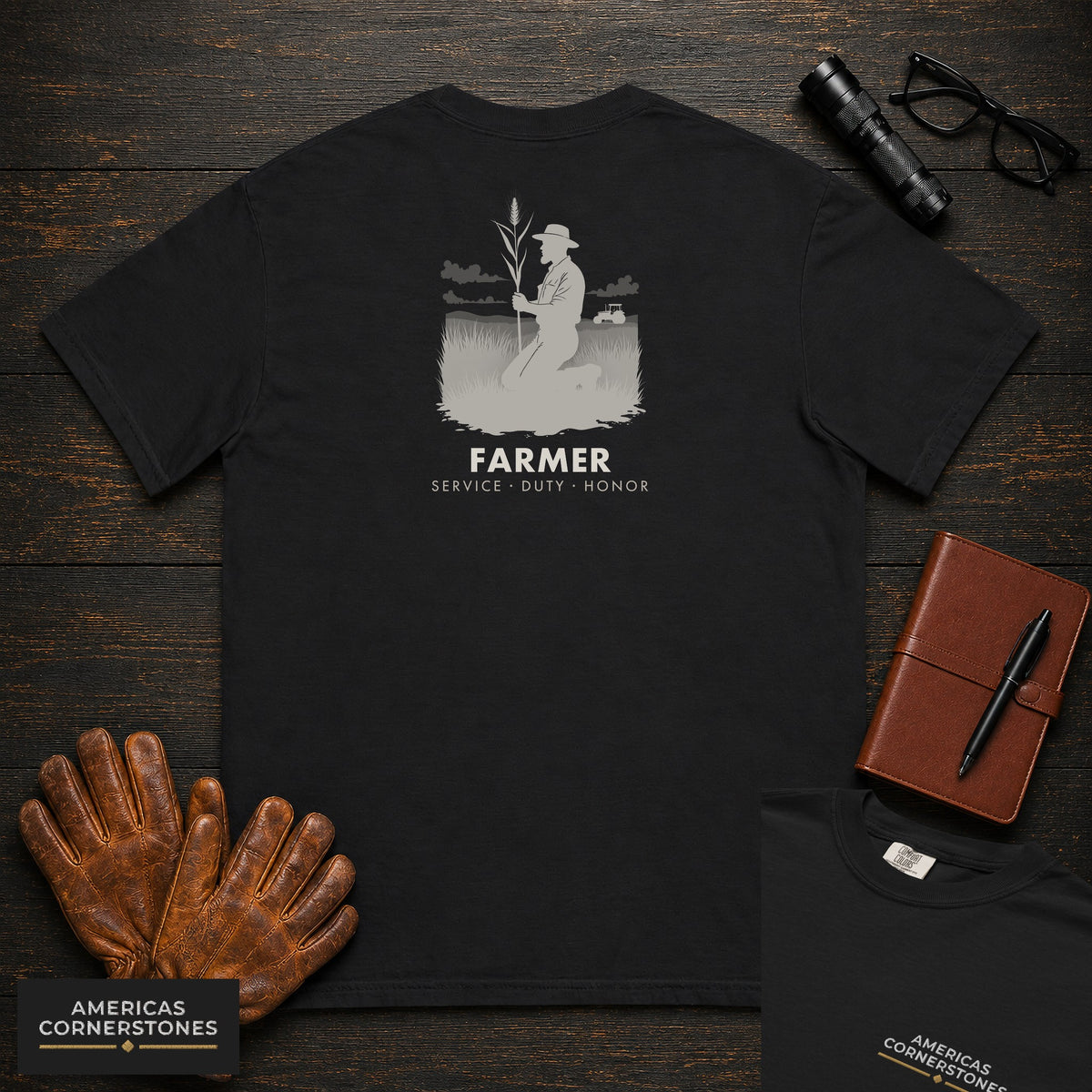 Farmer embroidered t-shirt in Black, Examining the Crop (Male)