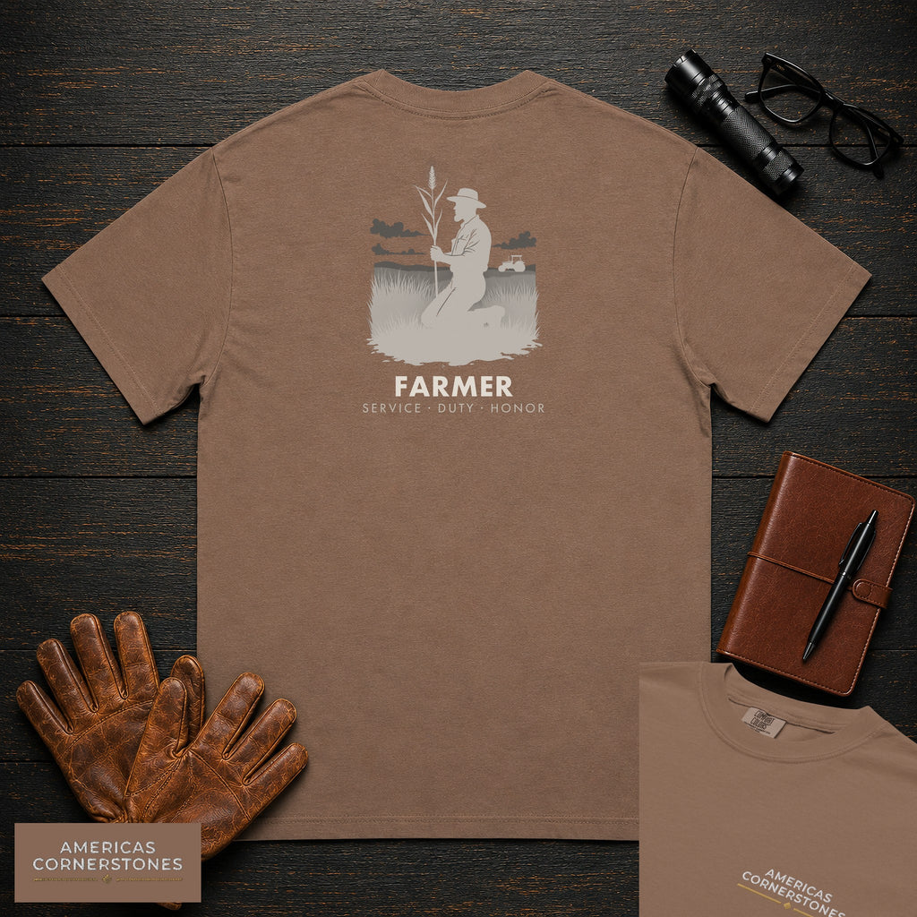 Farmer embroidered t-shirt in Espresso, Examining the Crop (Male)