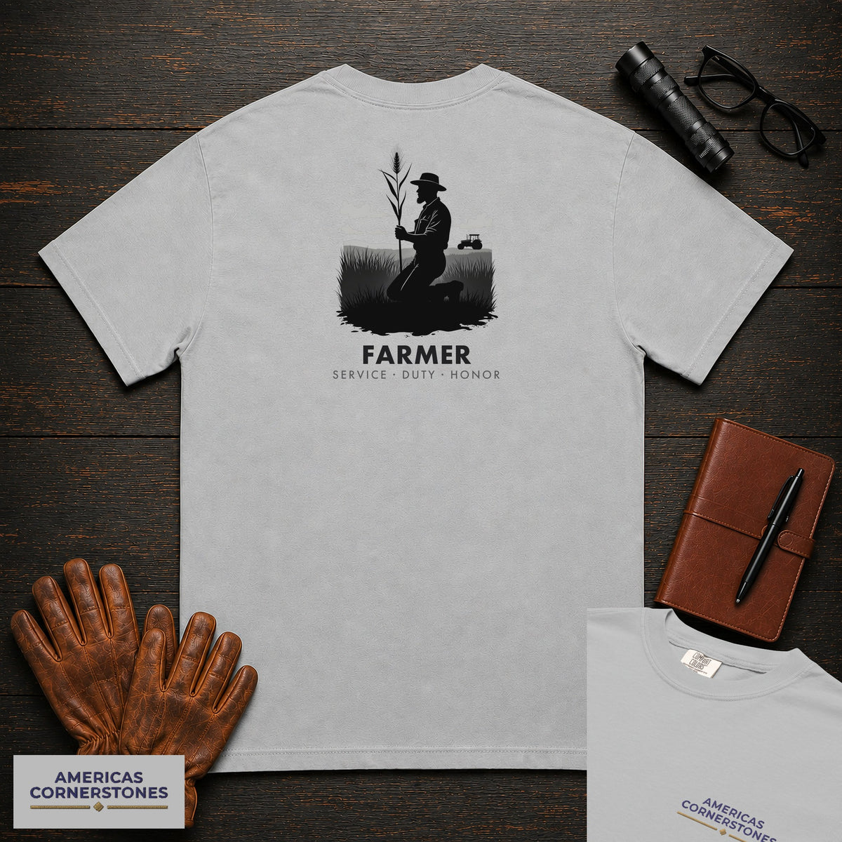 Farmer embroidered t-shirt in Granite, Examining the Crop (Male)