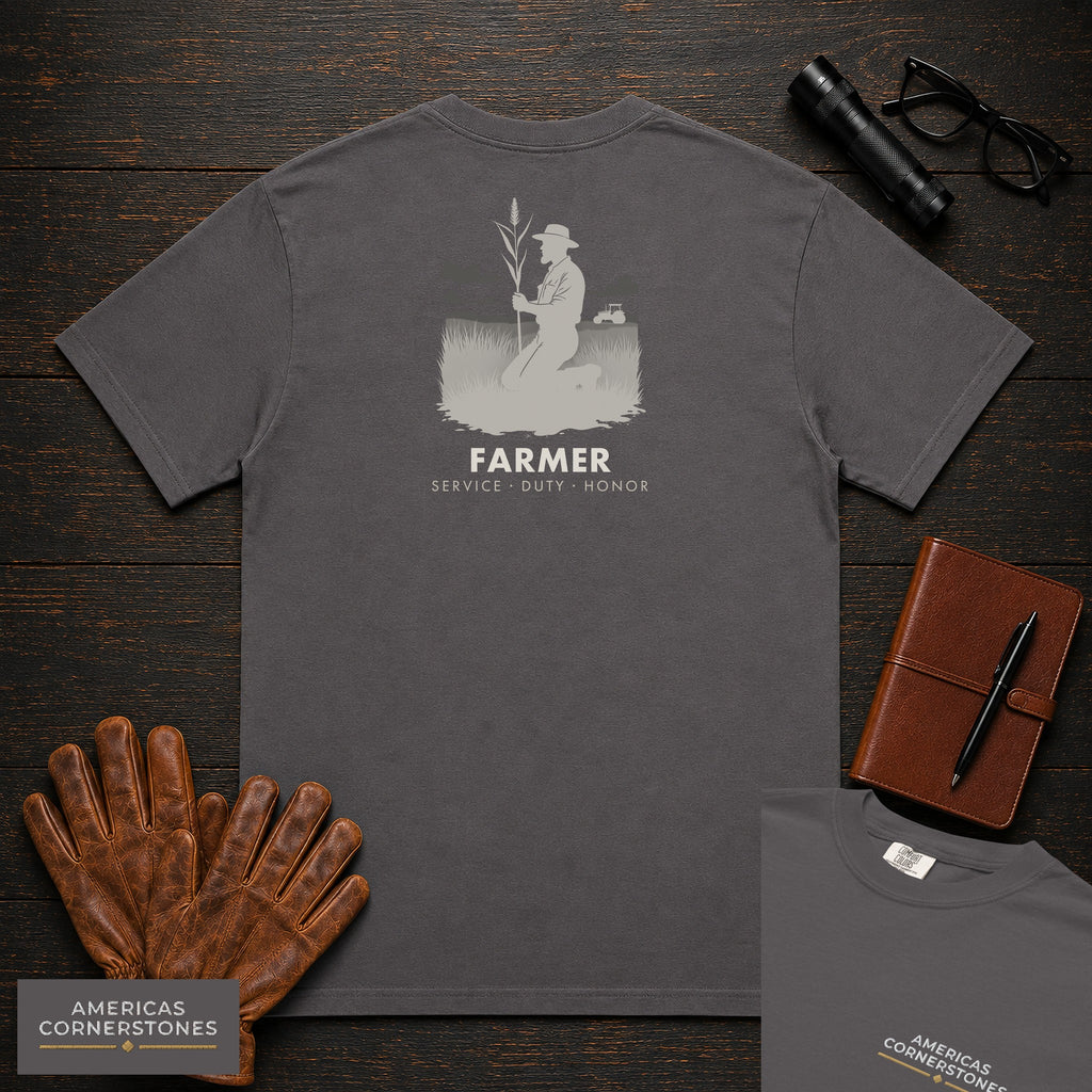 Farmer embroidered t-shirt in Graphite, Examining the Crop (Male)