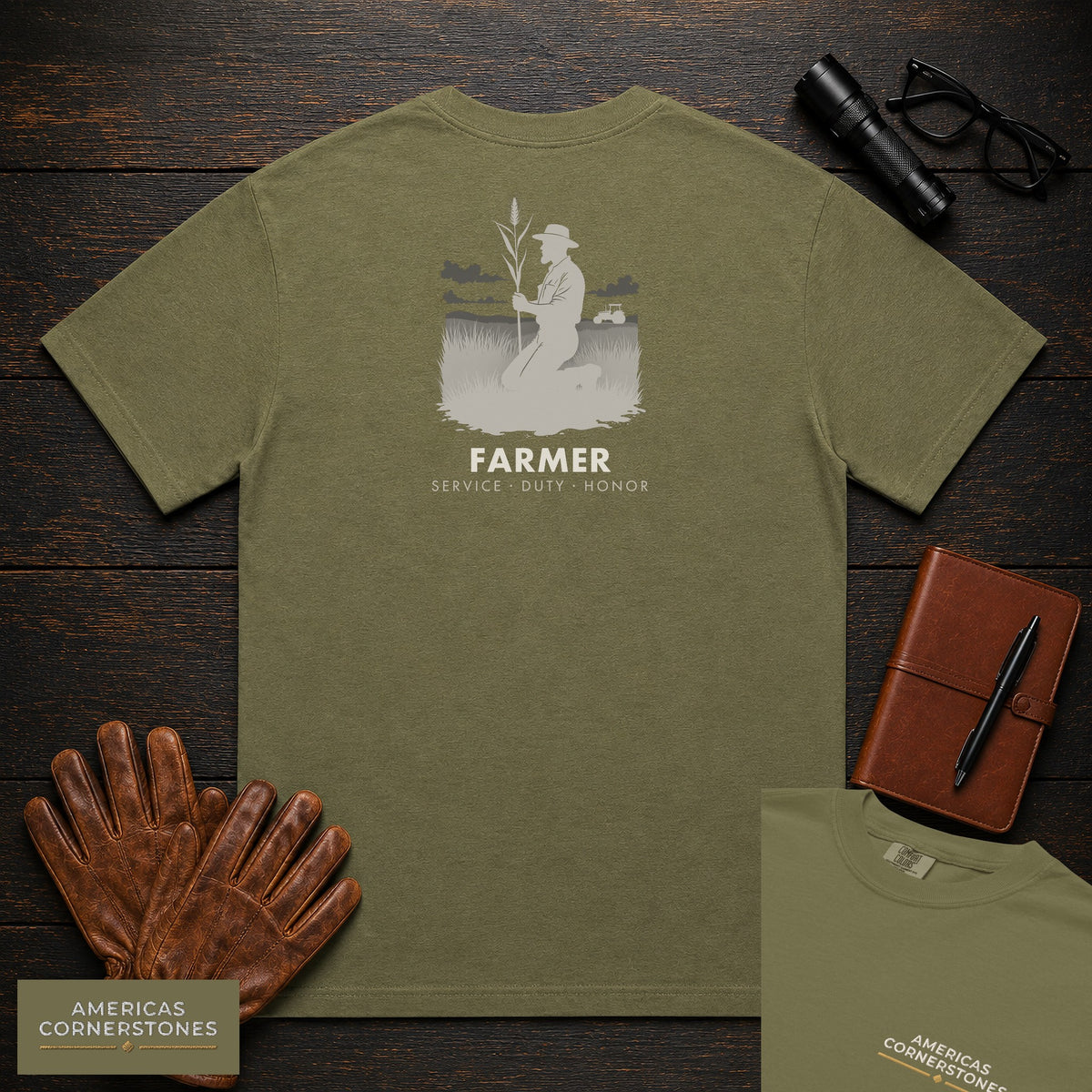 Farmer embroidered t-shirt in Hemp, Examining the Crop (Male)