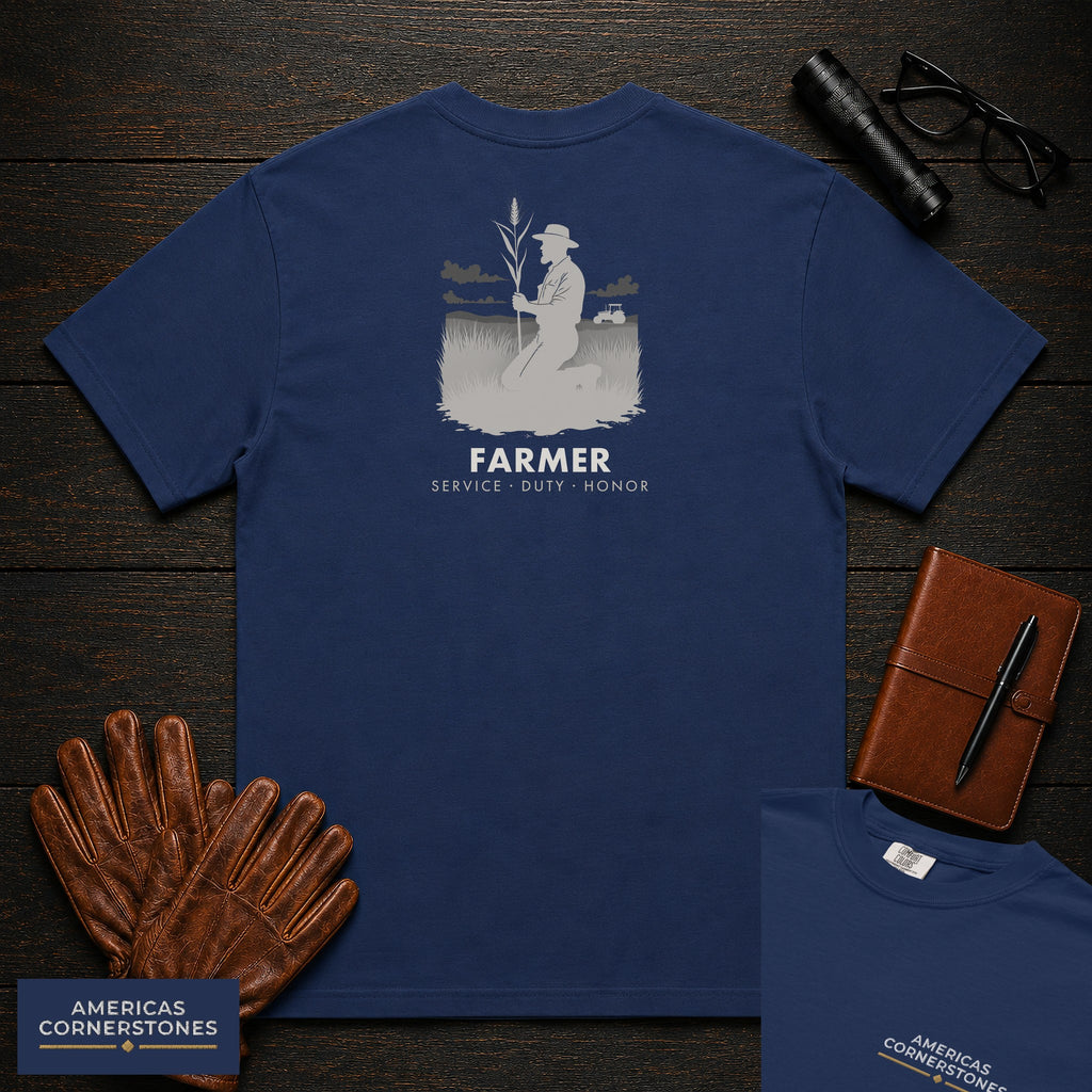 Farmer embroidered t-shirt in True Navy, Examining the Crop (Male)