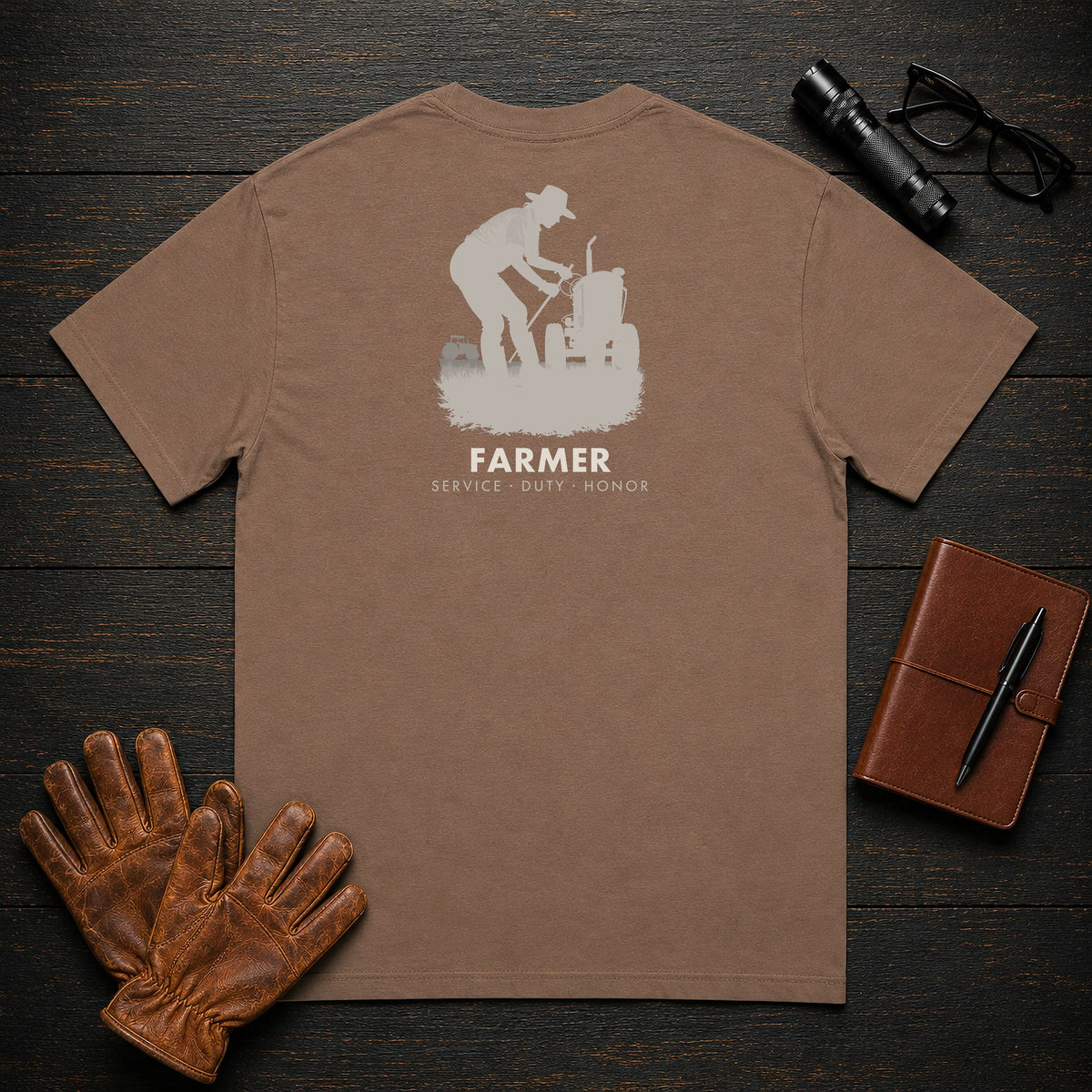Farmer t-shirt in Espresso, Checking the Tractor (Female)